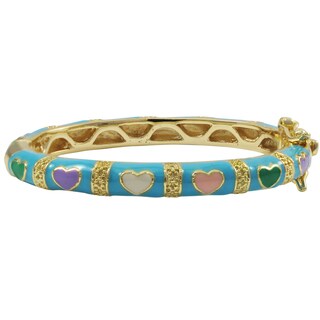Gold Finish Aqua Blue and Multi-color Enamel Heart Children's Bangle Bracelet