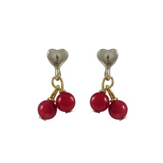 Gold Finish Sterling Silver Heart Red Ornaments Children's Dangle Earrings