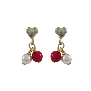 Gold Finish Sterling Silver Freshwater Pearl Red Balls Children's Heart Dangle Earrings
