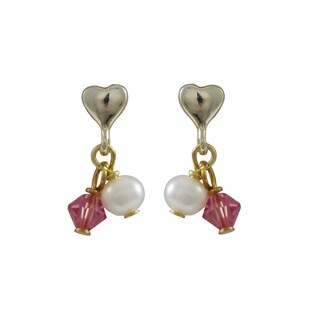 Gold Finish Sterling Silver Freshwater Pearls Swarovski Crystals Children's Heart Earrings
