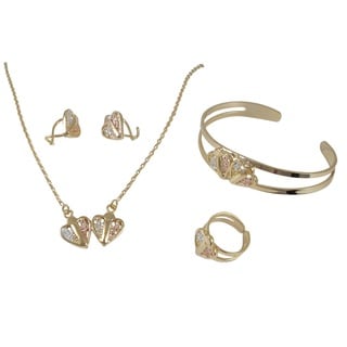 Tri-color Gold Finish Heart Earrings Bangle Ring and Necklace Set