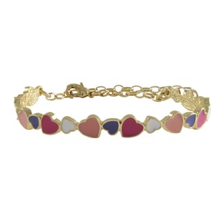Gold Finish Pink and Purple Enamel Hearts Girls Bangle Bracelet