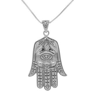 Sterling Silver Large Hamsa Hand Eye of Fatima Pendant on 18-inch Box Chain Necklace