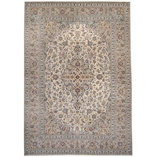 Herat Oriental Persian Hand-knotted 1960's Semi-antique Kashan Ivory/ Navy Wool Rug (8'1 x 11'6)