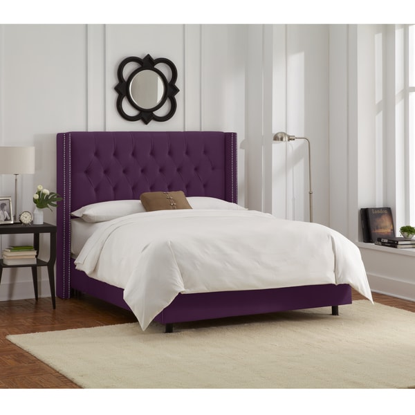Skyline Furniture Aubergine Velvet Diamond Tufted Wingback Nail Bed