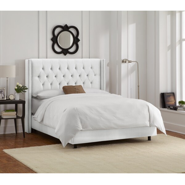 Skyline Furniture White Velvet Diamond Tufted Wingback Nail Bed