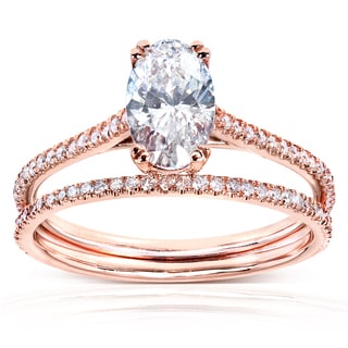 Annello 14k Rose Gold 1 1/2ct TDW Certified Oval Diamond Bridal Set (D, VS2)