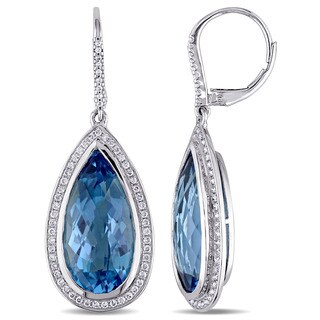 Miadora Signature Collection 14k White Gold Pear-cut Swiss Blue Topaz and 1/2ct TDW Diamond Halo Dangle Earrings (G-H, SI1-SI2)