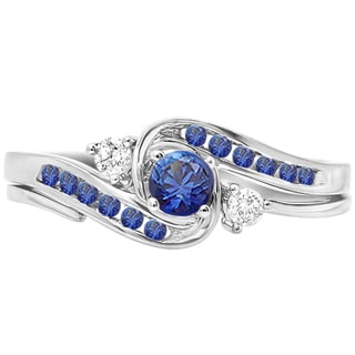 10k White Gold 1/2ct TDW Diamond and Blue Sapphire Swirl Bridal Engagement Ring Matching Band Set (H-I, I1-I2)