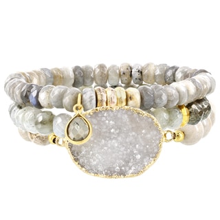 Fox and Baubles Brass Triple Faceted Labrodite, Pyrite, Fossil and Druzy Quartz Bracelet