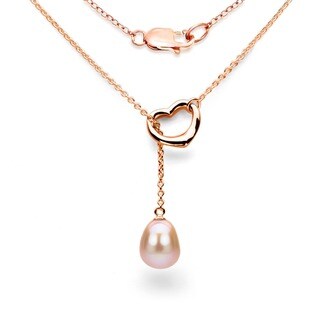 DaVonna Rose Gold over Sterling Silver Chain and Pink Freshwater Pearl Open-Heart Lariat Necklace (9-11 mm)
