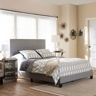 Baxton Studio Simonides Contemporary Grey/ Beige Upholstered Queen Size Platform Bed with Nailheads