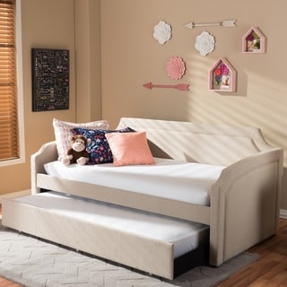 Baxton Studio Paraskeve Modern and Contemporary Fabric Curved Notched Corners Sofa Twin Daybed with roll-out Trundle Guest Bed