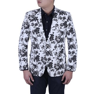 Verno Luca Men's Black and White Flower Printed Slim Fit Italian Style Blazer