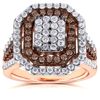 Annello 10k Gold 1 1/2ct TDW Brown and White Diamond Double Halo Octagonal Ring (H-I, I1-I2)