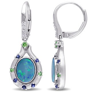 Miadora 10k White Gold Oval-cut Australian Green Opal White and Blue Sapphire and Tsavorite Bezel-set Leverback Dangle Earrings