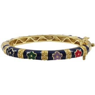 Gold Finish Navy Blue and Multi-color Enamel Flower Children's Bangle Bracelet
