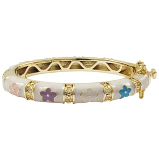 Gold Finish White and Multi-color Enamel Flower Children's Bangle Bracelet