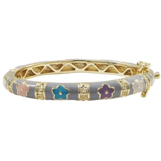 Gold Finish Grey and Multi Enamel Flower Children's Bangle Bracelet