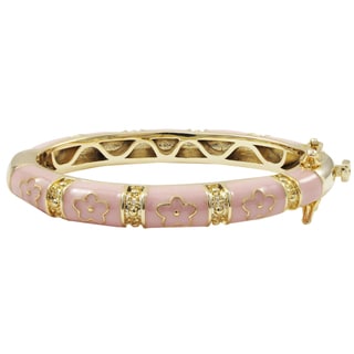 Gold Finish Pink Enamel Flower Children's Bangle Bracelet