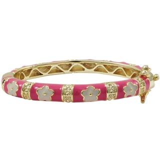 Gold Finish Hot Pink and White Enamel Flower Children's Bangle Bracelet