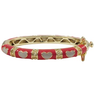 Gold Finish Hot Pink and White Enamel Heart Children's Bangle Bracelet