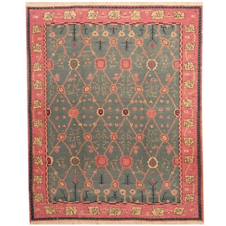 Herat Oriental Indo Hand-woven Soumak Kilim Teal/ Pink Wool Rug (8' x 10')