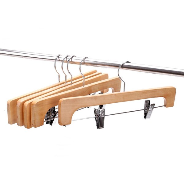 J.S. Hanger Deluxe Wooden Pants Hangers with 2 Adjustable Chrome Clips