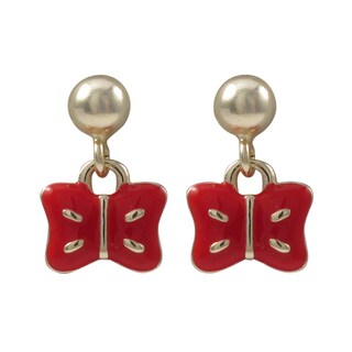 Gold Finish Children's Red Enamel Butterfly Flower Dangle Earrings