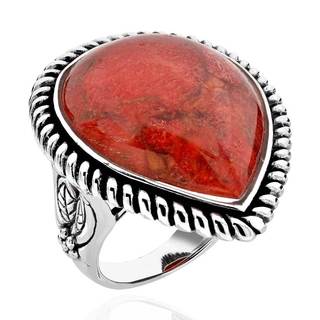 Sterling Silver Pear-cut Red Sponge Coral Antique Finish Solitaire Ring (China)
