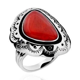Sterling Silver Triangular Red Coral Antique Finish Solitaire Ring (China)