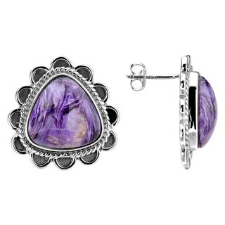 Sterling Silver Triangular Charoite Antique Finish Stud Earrings (China)