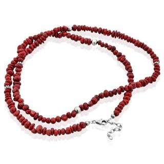 Sterling Silver Red Coral Chip Antique Finish 36-inch Necklace with 2-inch Extender (China)