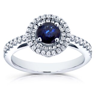 Annello 14k White Gold Round Sapphire and 1/3ct TDW Halo Diamond Ring (H-I, I1-I2)