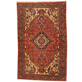 Herat Oriental Persian Hand-knotted 1940s Semi-antique Hamadan Salmon/ Blue Wool Rug (4'7 x 7')