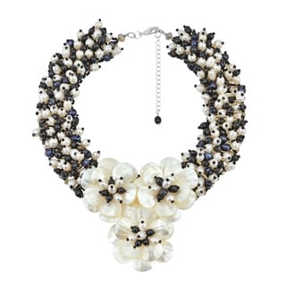 Midnight Floral Mother of Pearl and Pearl Daisy Necklace (Thailand)