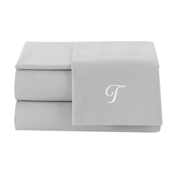 Pamuk Luxury Monogrammed Silver Grey Solid 300 Thread Count Turkish Cotton 4 Piece Sheet Set