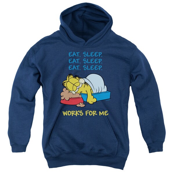 Garfield 'Works for Me' Navy Blue Cotton-blended Youth Pullover Hoodie
