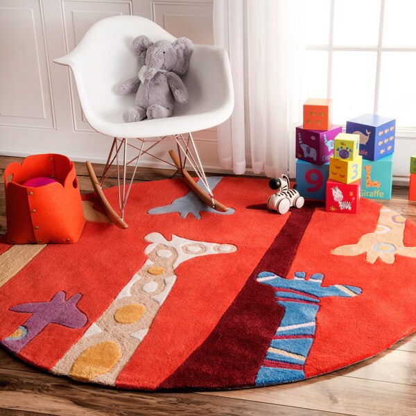 nuLOOM Handmade Bright Giraffes Kids Nursery Red Rug (5' Round