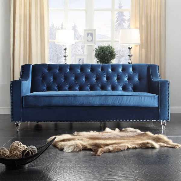 Iconic Home Dylan Velvet Button Tufted With Silver Nailhead Trim Round Acrylic Feet Sofa