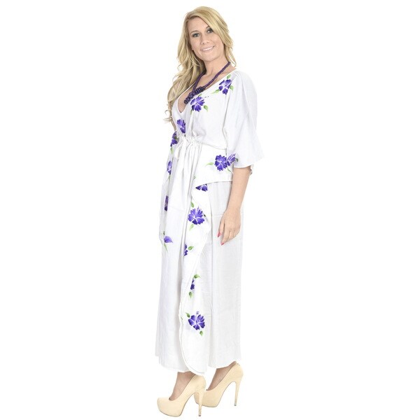 La Leela Rayon Hand Paint Kaftan Women Beach Night gown Kimono Cover up Purple