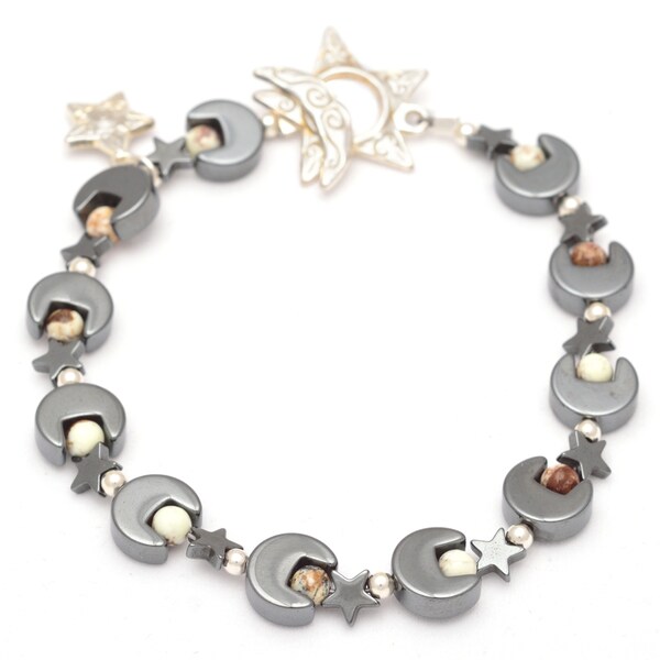 Healing Stones for You Hematite Moon and Star Bracelet with Chrysoprase