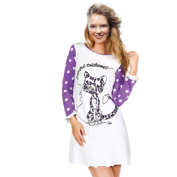 Miorre Women's White/Purple Cotton Sleep Shirt with Leopard Graphic