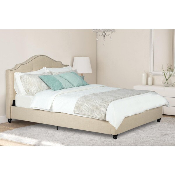 Avenue Greene Averna Beige Linen Upholstered Queen Bed with Nailhead Detail