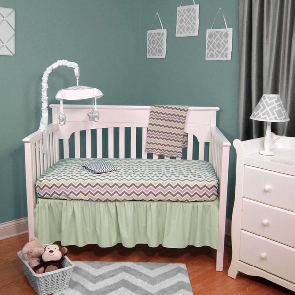 Chevron Green and Grey 5-piece Baby Crib Bedding Without Bumper
