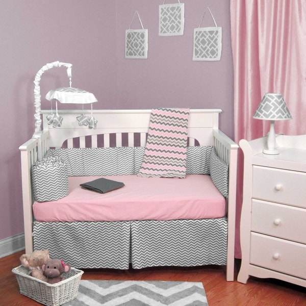 Zig Zag Pink and Gray Chevron 6-piece Baby Crib Bedding Set With Bumper