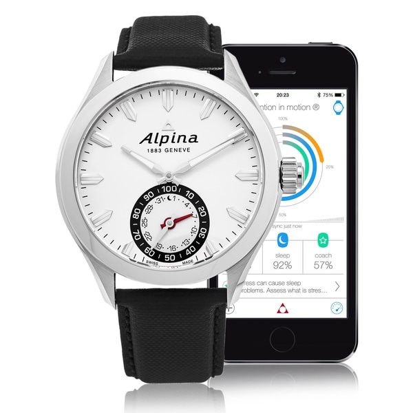 Alpina Men's AL-285S5AQ6 'Smart Watch' Silver Dial Black Leather Strap Multifunction Motionx Swiss Quartz Watch