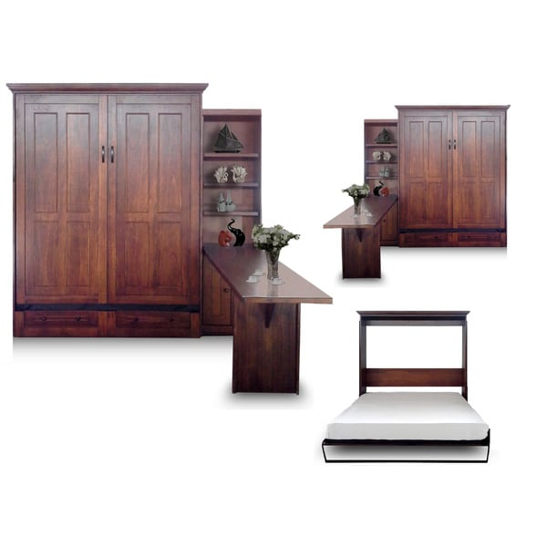 Queen Devon Chestnut Finish Murphy Bed with Door Bookcase and Desk