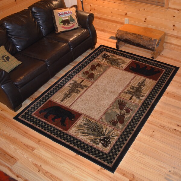 Rustic Lodge Bear Cabin Black Area Rug (7'10"x9'10") 19397438