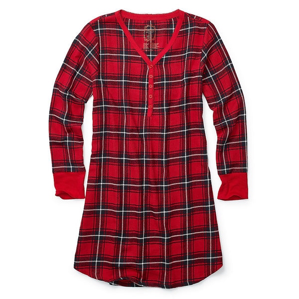 Hanes Women's Ultimate Henley Red Plaid Flannel Night Shirt